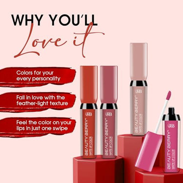 Beauty Berry Soft & Matte Waterproof Lip Color, Rich Pigment, Long Lasting Non-Transfer Liquid Lipstick With Vitamin E (Falu Red-22, 1)